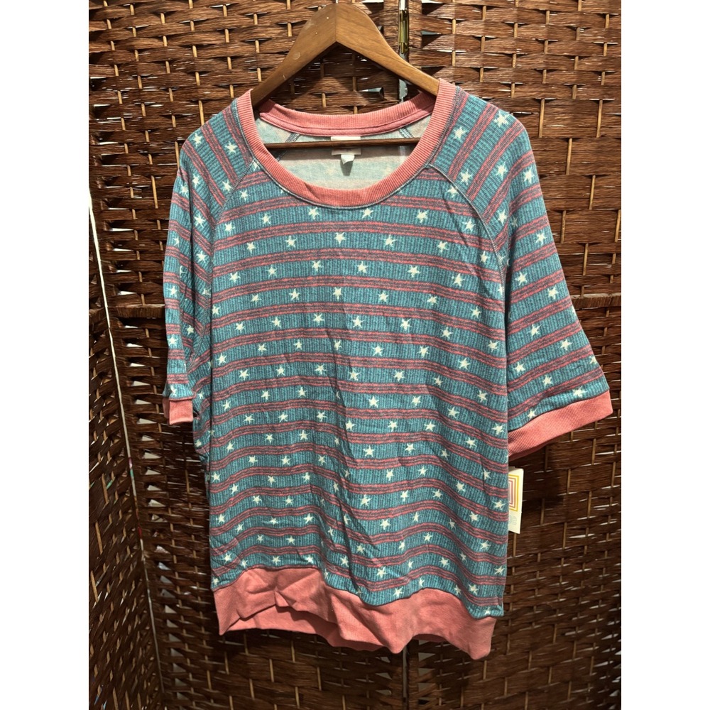 LuLaRoe Jane Top 2XL Blue Red‎ Striped Star Print Round Neck Elbow Sleeve Shirt